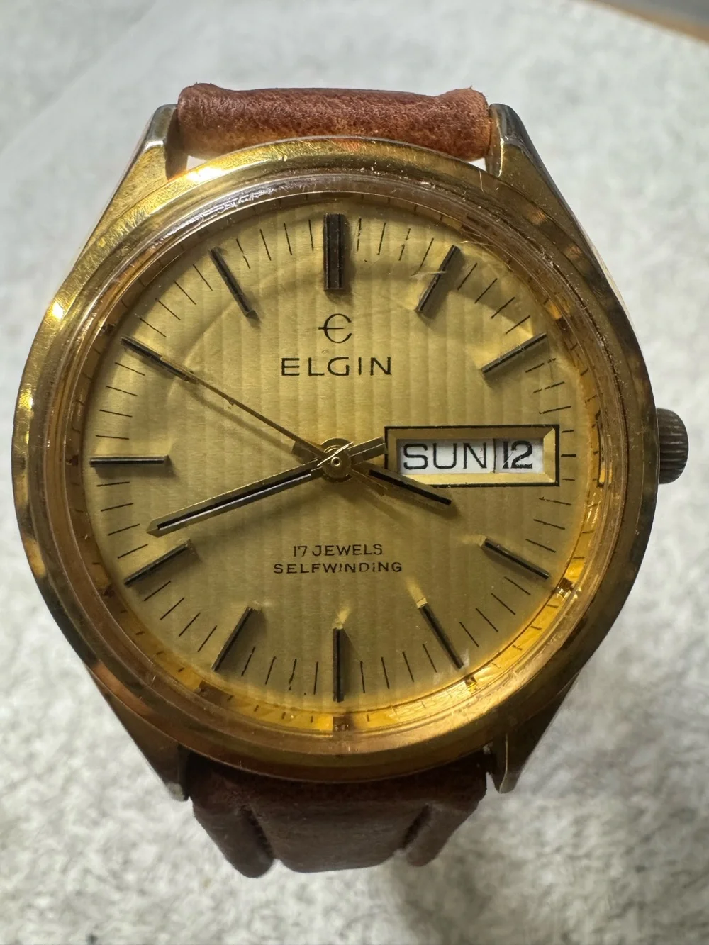 Elgin Gold-Tone Selfwinding Watch with Brown Leather Strap
